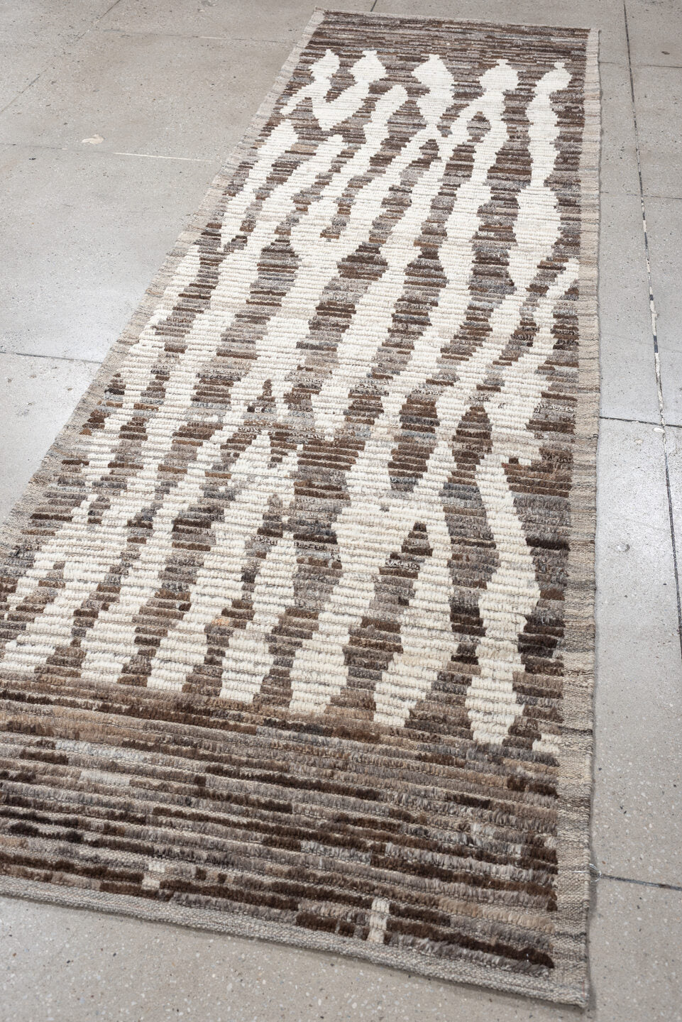 3' x 11' one-of-a-kind handmade vintage Tulu runner rug. Color palette: ivory, taupe, brown, charcoal, gray, cream, beige