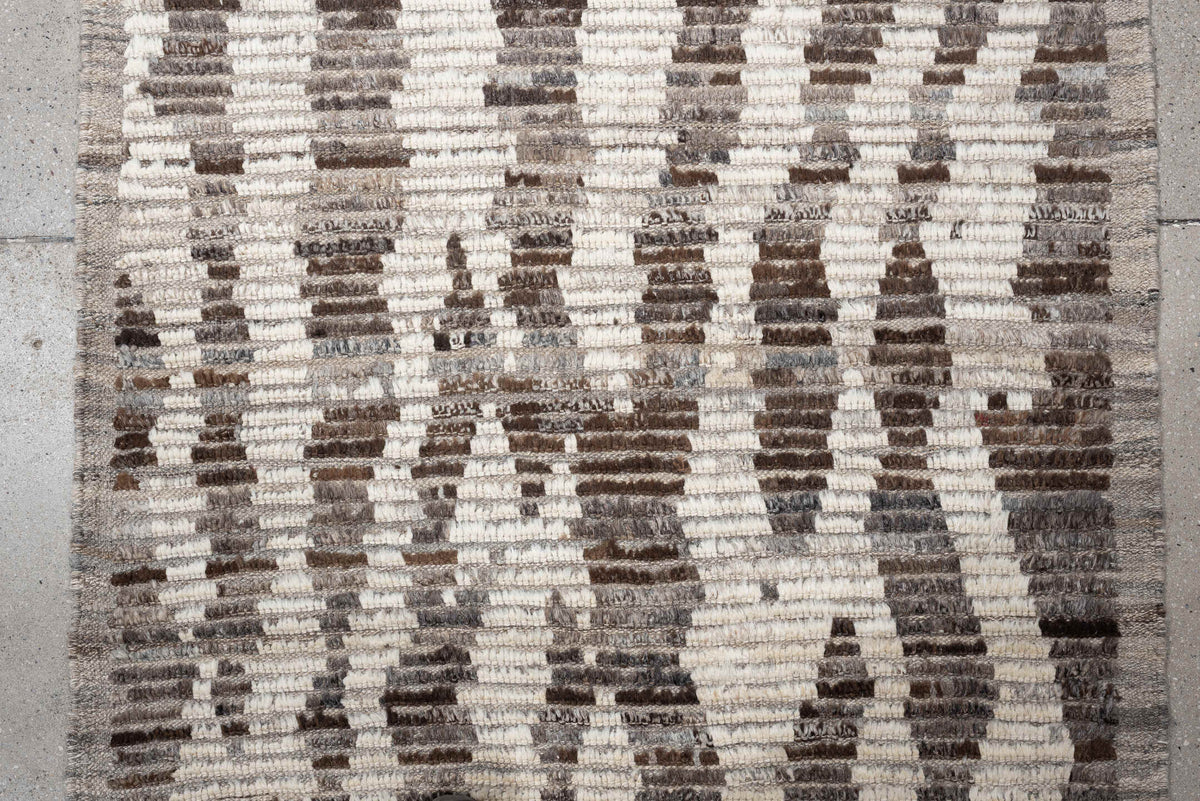 3' x 11' one-of-a-kind handmade vintage Tulu runner rug. Color palette: ivory, taupe, brown, charcoal, gray, cream, beige
