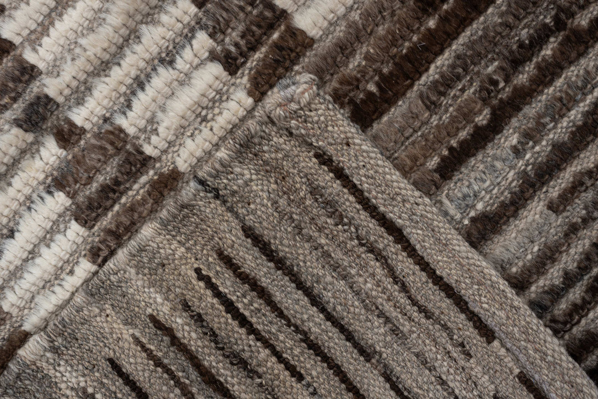 3' x 11' one-of-a-kind handmade vintage Tulu runner rug. Color palette: ivory, taupe, brown, charcoal, gray, cream, beige