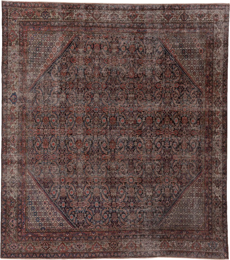 3' x 19' one-of-a-kind handmade vintage Tulu runner rug. Color palette: terracotta, navy, ivory, taupe, rust, charcoal