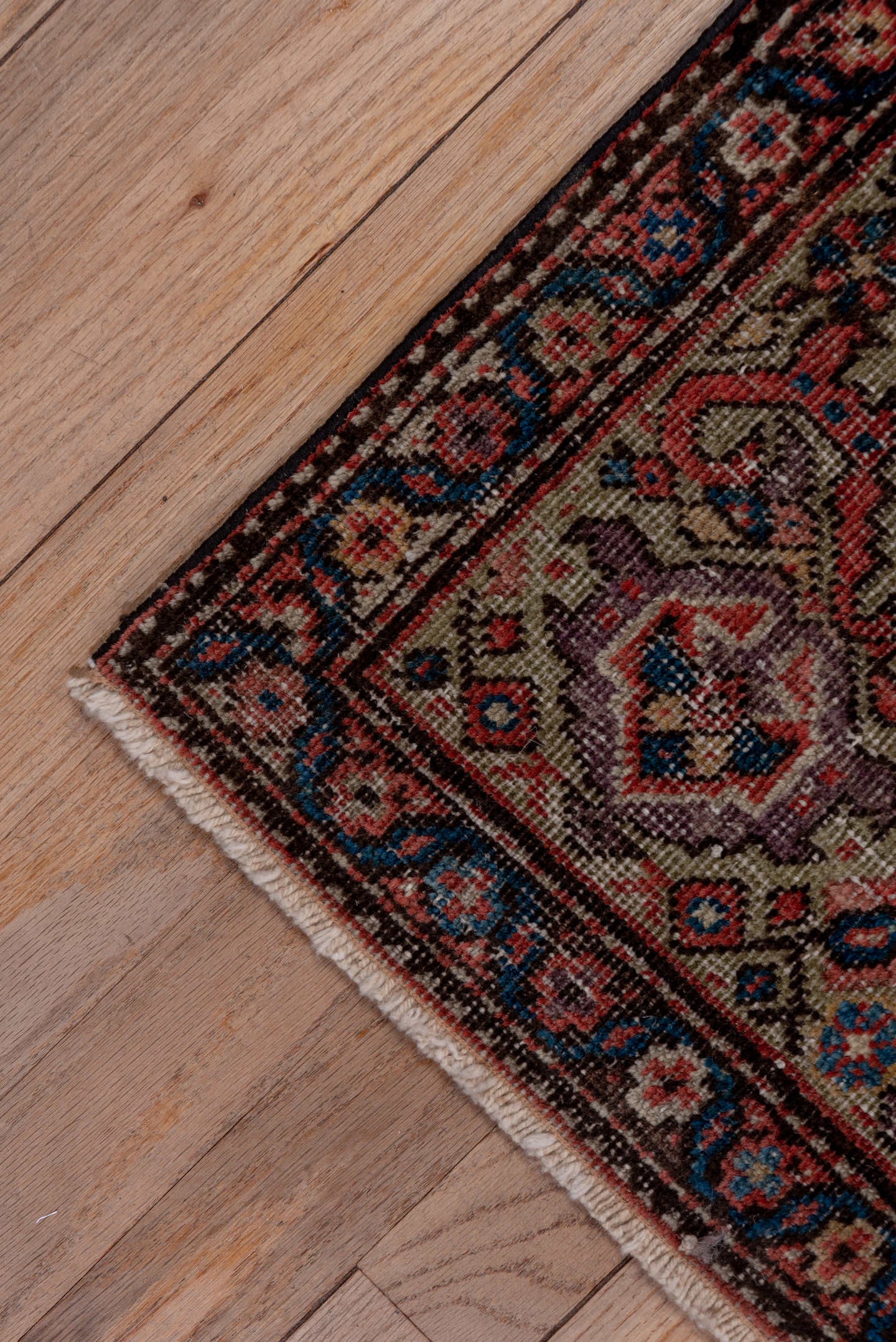 3' x 19' one-of-a-kind handmade vintage Tulu runner rug. Color palette: terracotta, navy, ivory, taupe, rust, charcoal