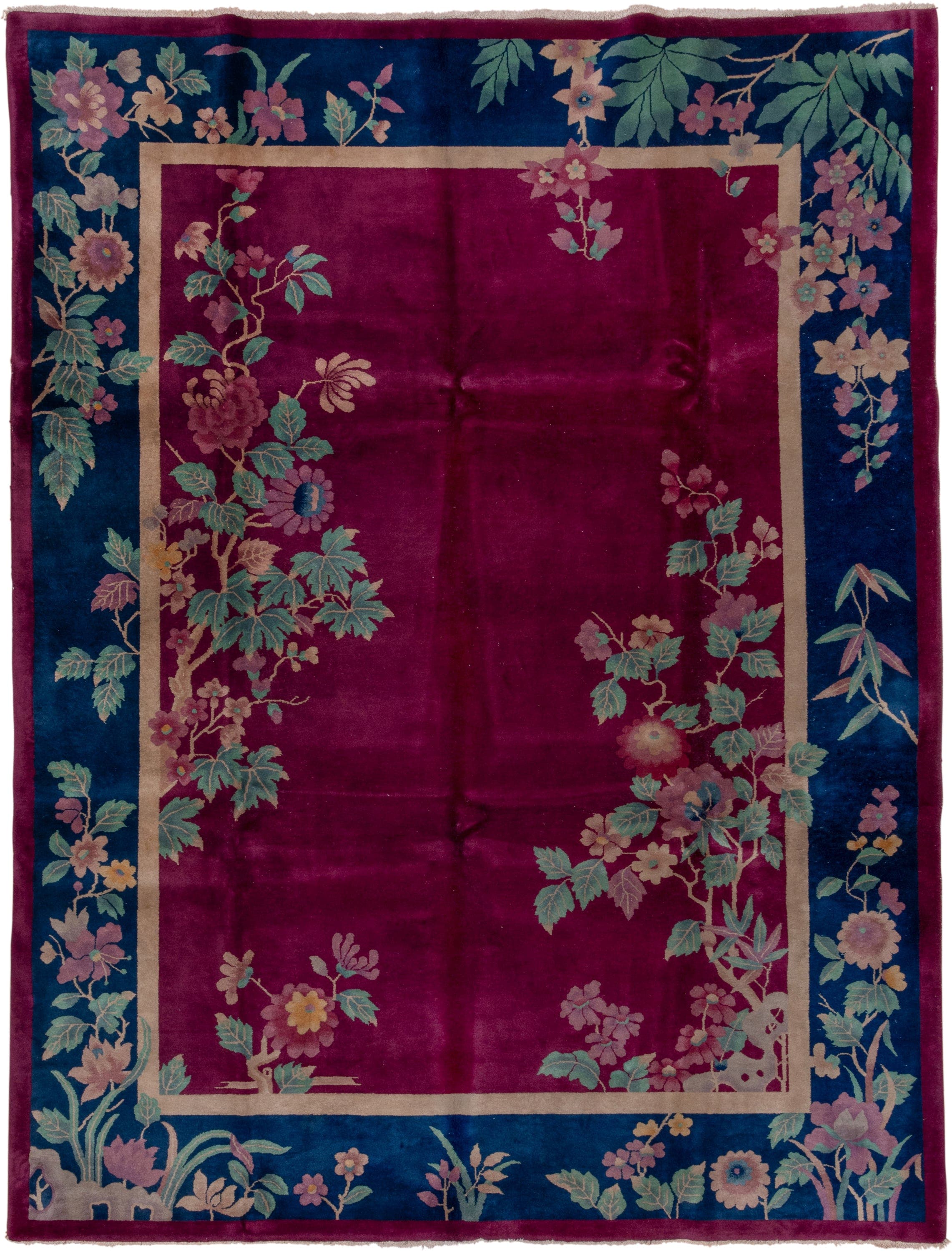 3' x 19' one-of-a-kind handmade vintage Tulu runner rug. Color palette: magenta, navy, sage, ivory, rose, dusty pink, teal