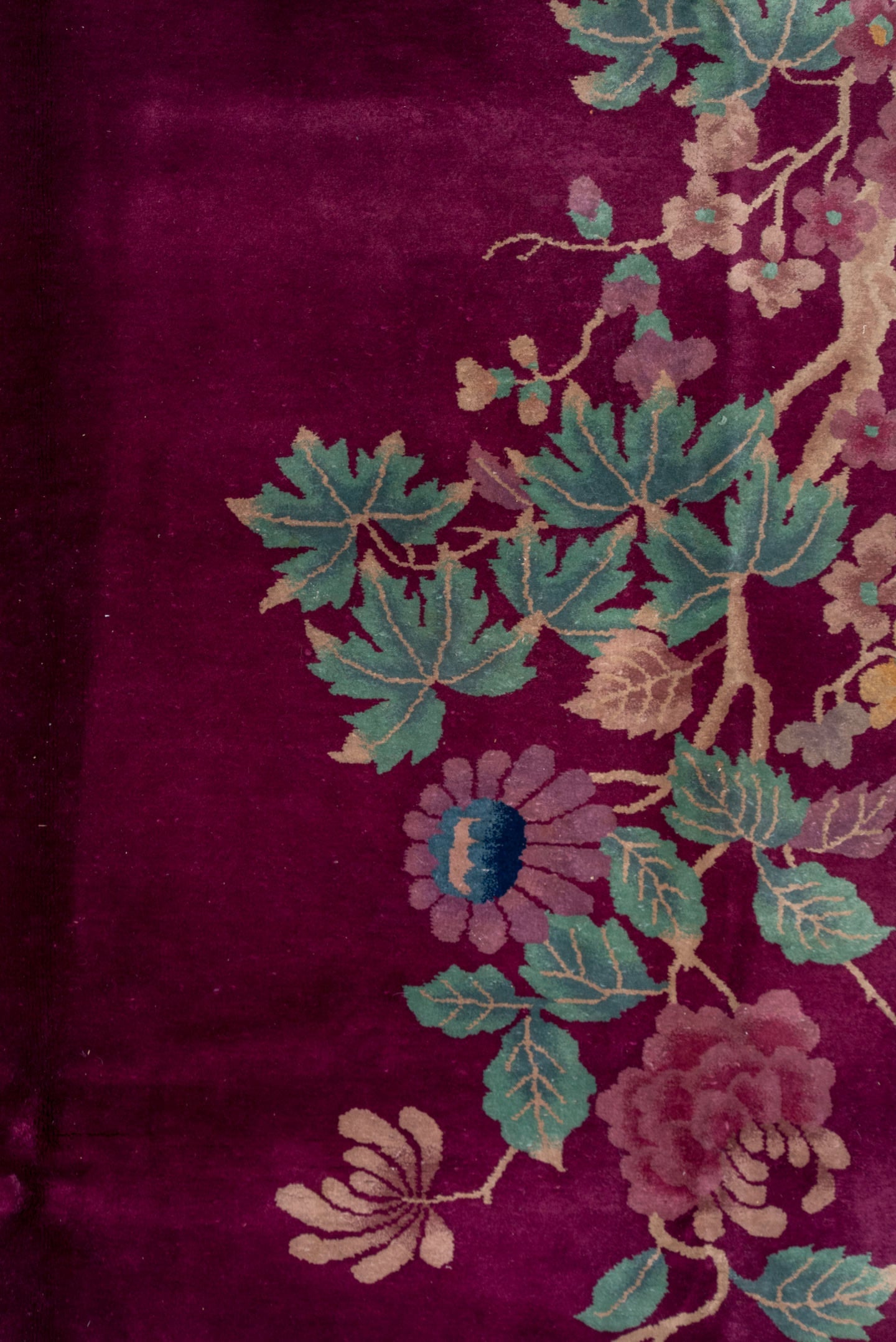 3' x 19' one-of-a-kind handmade vintage Tulu runner rug. Color palette: magenta, navy, sage, ivory, rose, dusty pink, teal