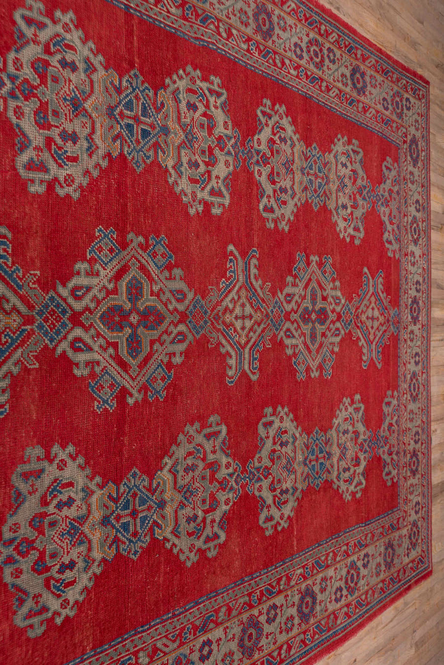 2' x 10' one-of-a-kind handmade vintage Tulu runner rug. Color palette: red, ivory, blue gray, taupe, crimson, gray, blue