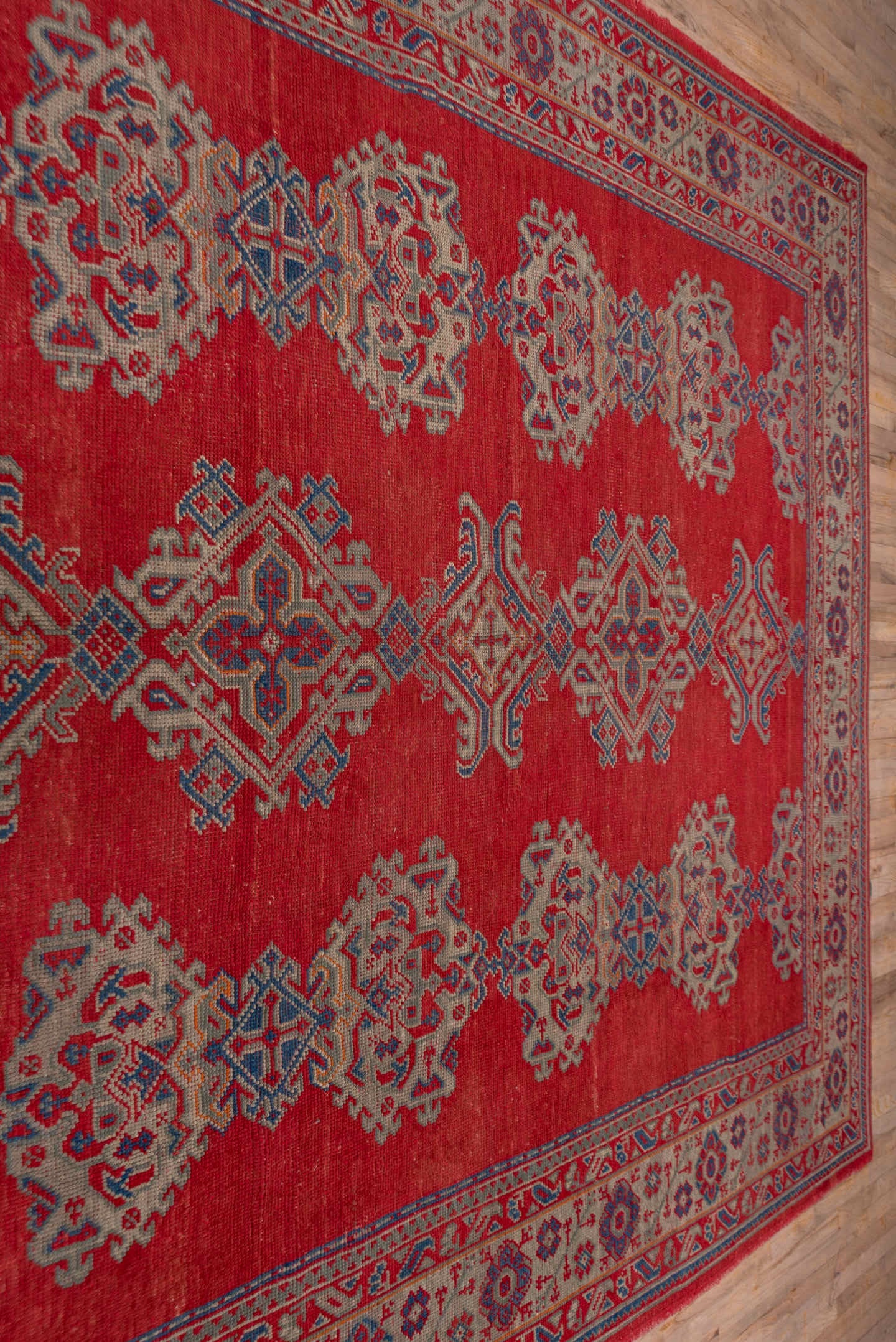 2' x 10' one-of-a-kind handmade vintage Tulu runner rug. Color palette: red, ivory, blue gray, taupe, crimson, gray, blue