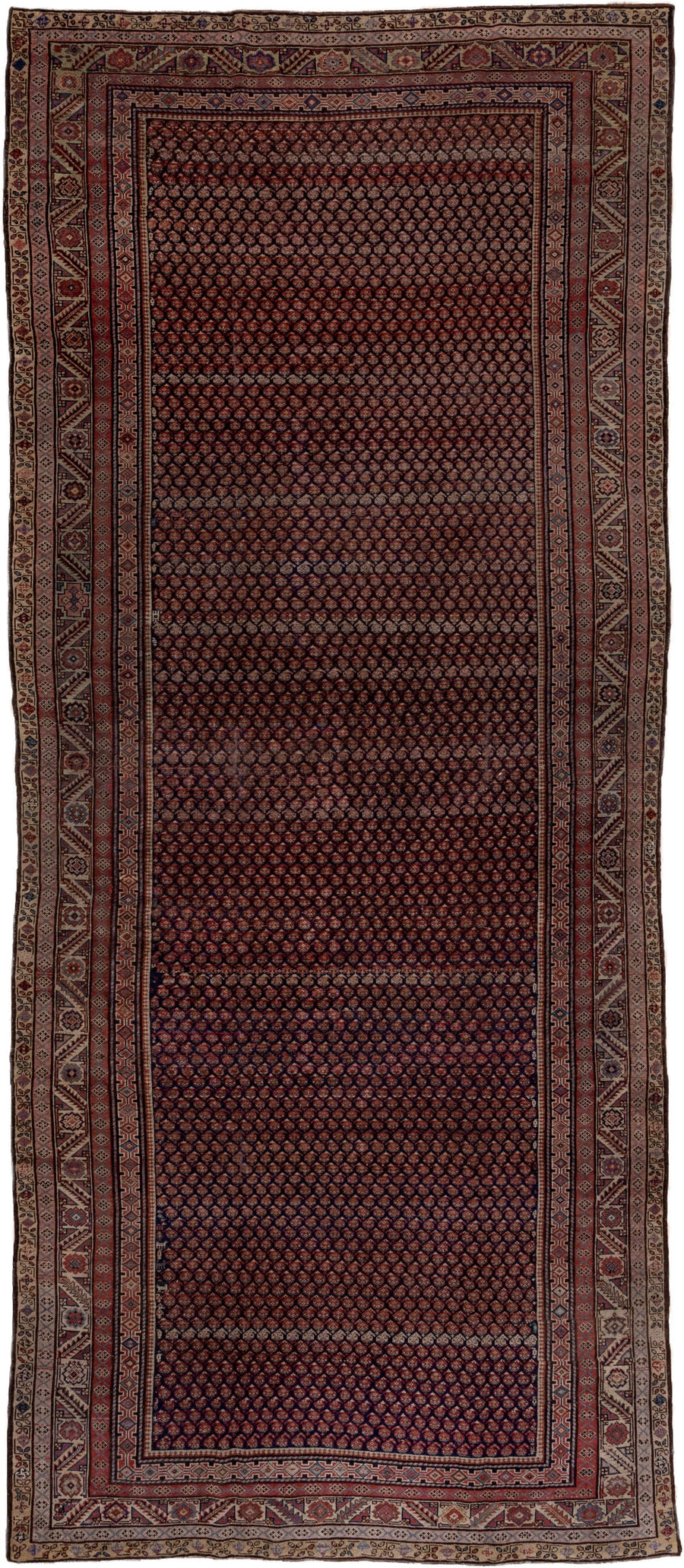 10' x 13' one-of-a-kind handmade vintage Afghan large size rug. Color palette: burgundy, ivory, navy, rust, camel, taupe