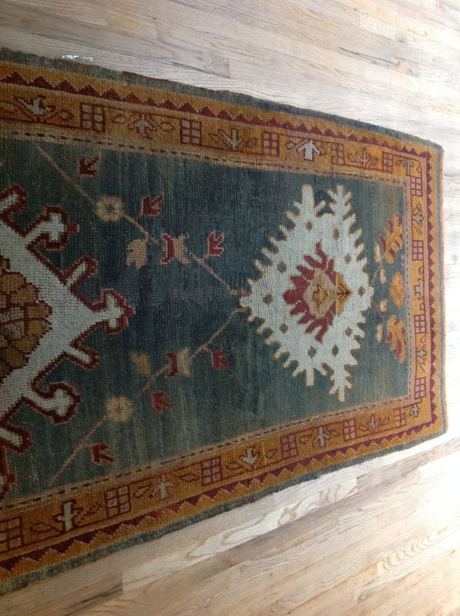 9' x 14' one-of-a-kind handmade vintage Kilim rug. Color palette: blue gray, ivory, gold, rust, camel, burgundy, taupe, gray