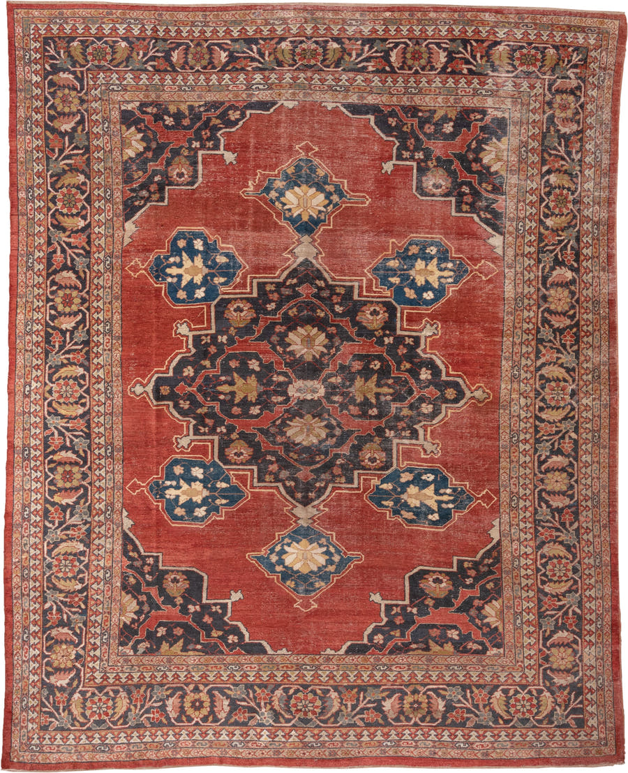 12' x 15' one-of-a-kind handmade vintage Kilim oversize rug. Color palette: terracotta, navy, ivory, camel, rust, slate