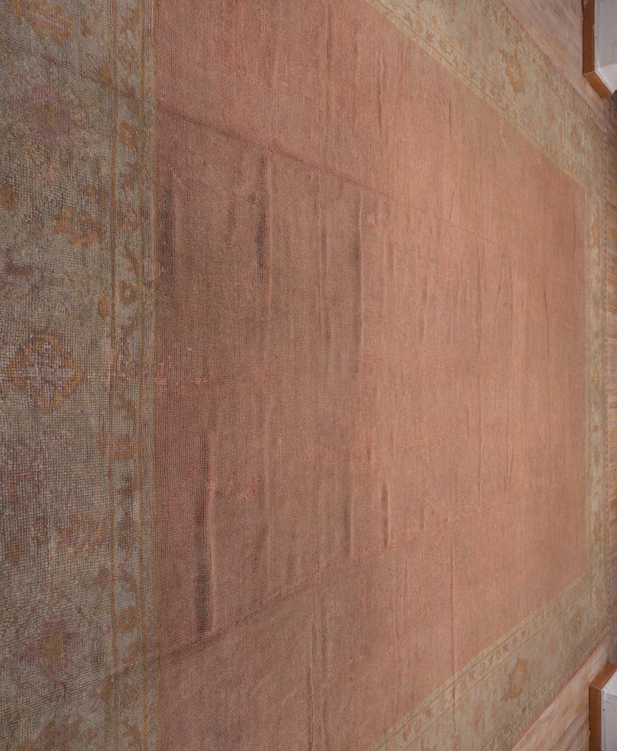 12' x 15' one-of-a-kind handmade vintage Afghan oversize rug. Color palette: rose, ivory, taupe, muted gold, dusty pink