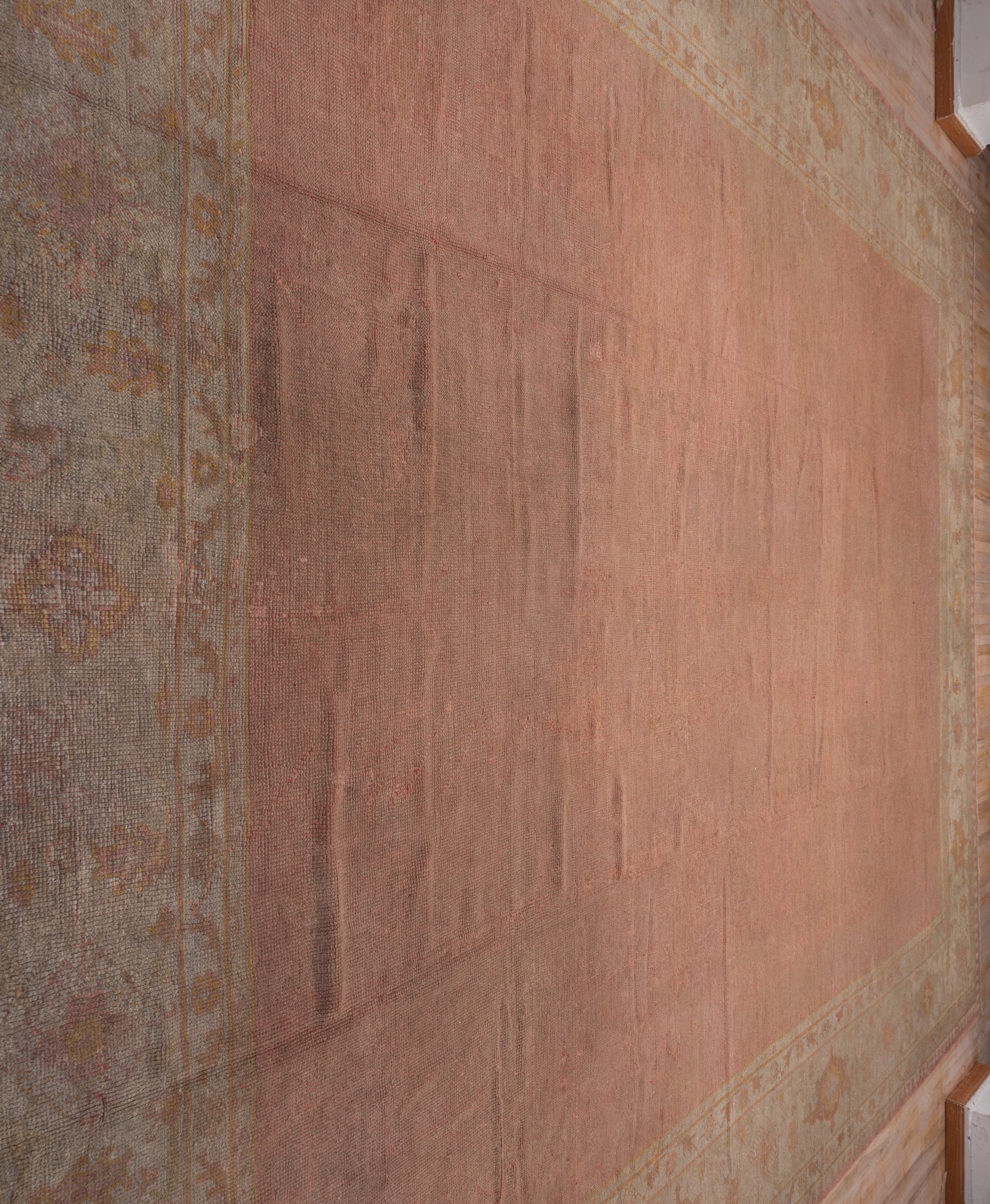 12' x 15' one-of-a-kind handmade vintage Afghan oversize rug. Color palette: rose, ivory, taupe, muted gold, dusty pink