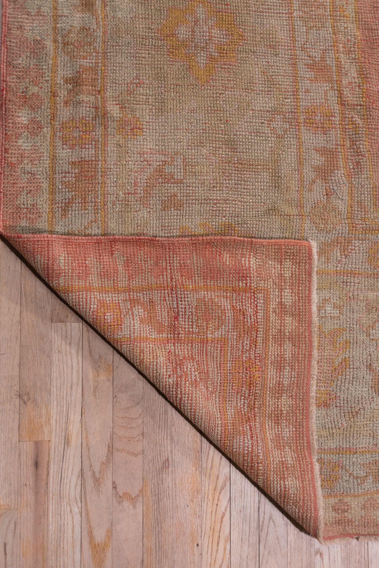 12' x 15' one-of-a-kind handmade vintage Afghan oversize rug. Color palette: rose, ivory, taupe, muted gold, dusty pink
