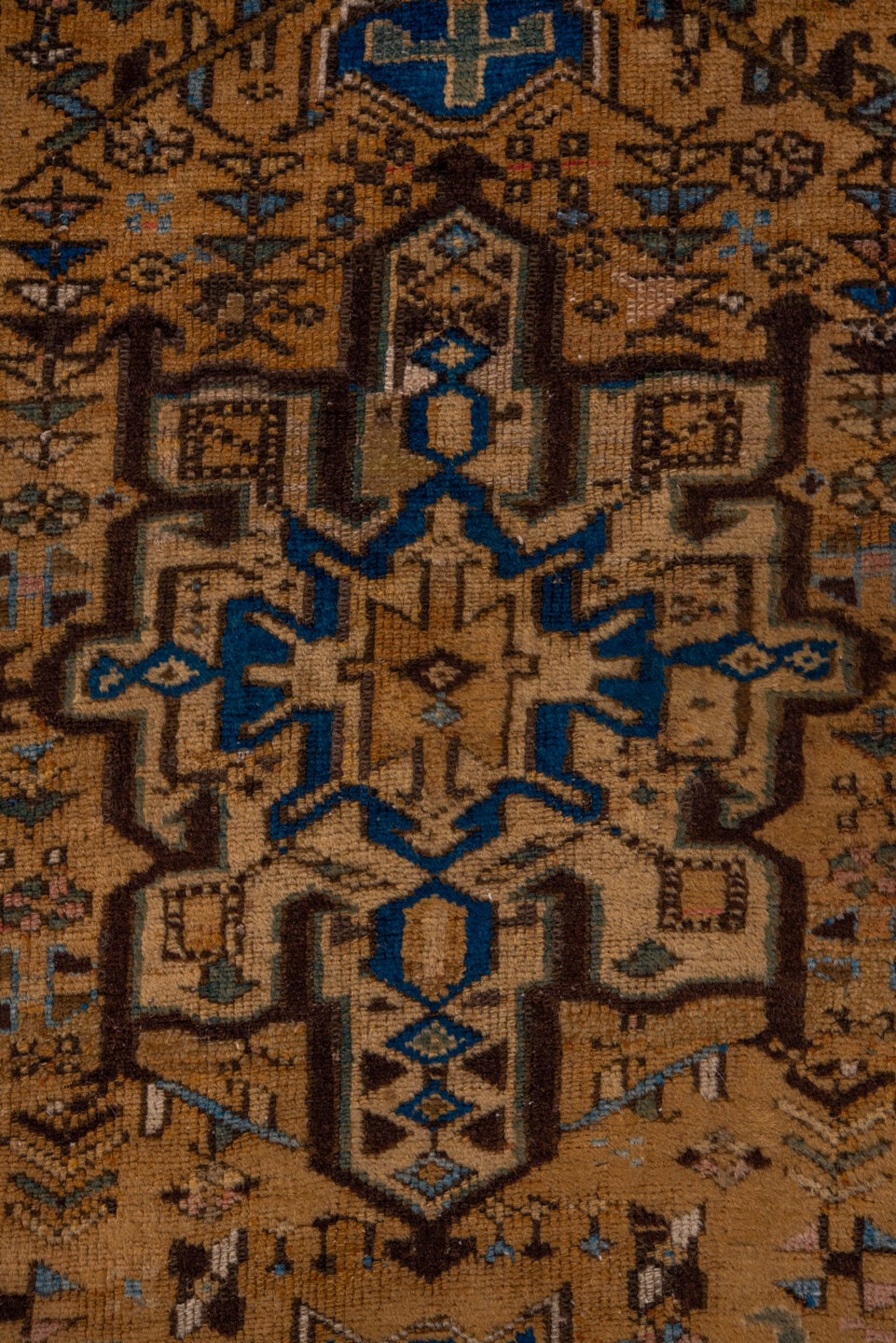 13' x 15' one-of-a-kind handmade vintage Afghan oversize rug. Color palette: camel, indigo, ivory, taupe, slate, sienna