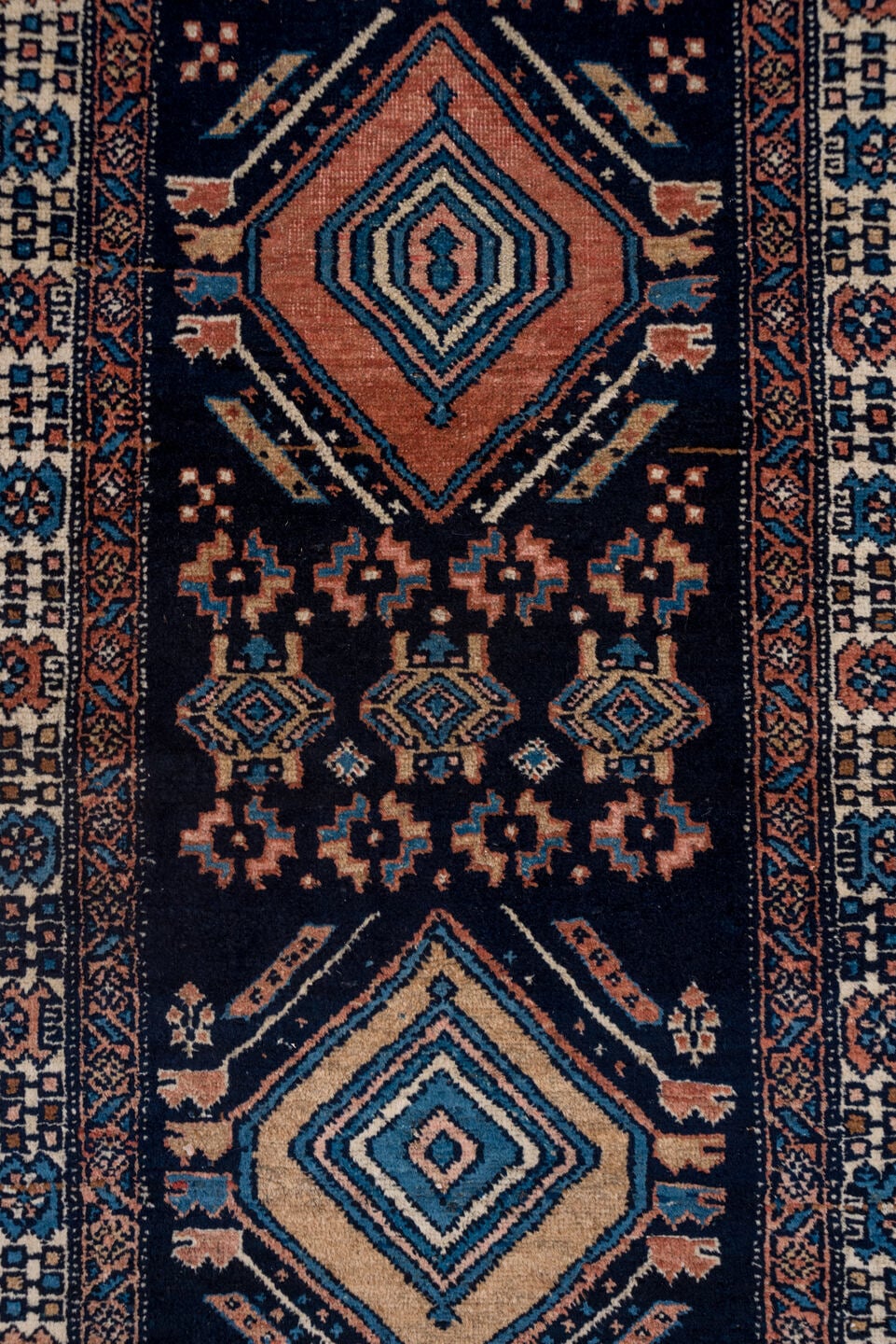 12' x 18' one-of-a-kind handmade vintage Kilim oversize rug. Color palette: navy, ivory, sky blue, terracotta, camel, rust