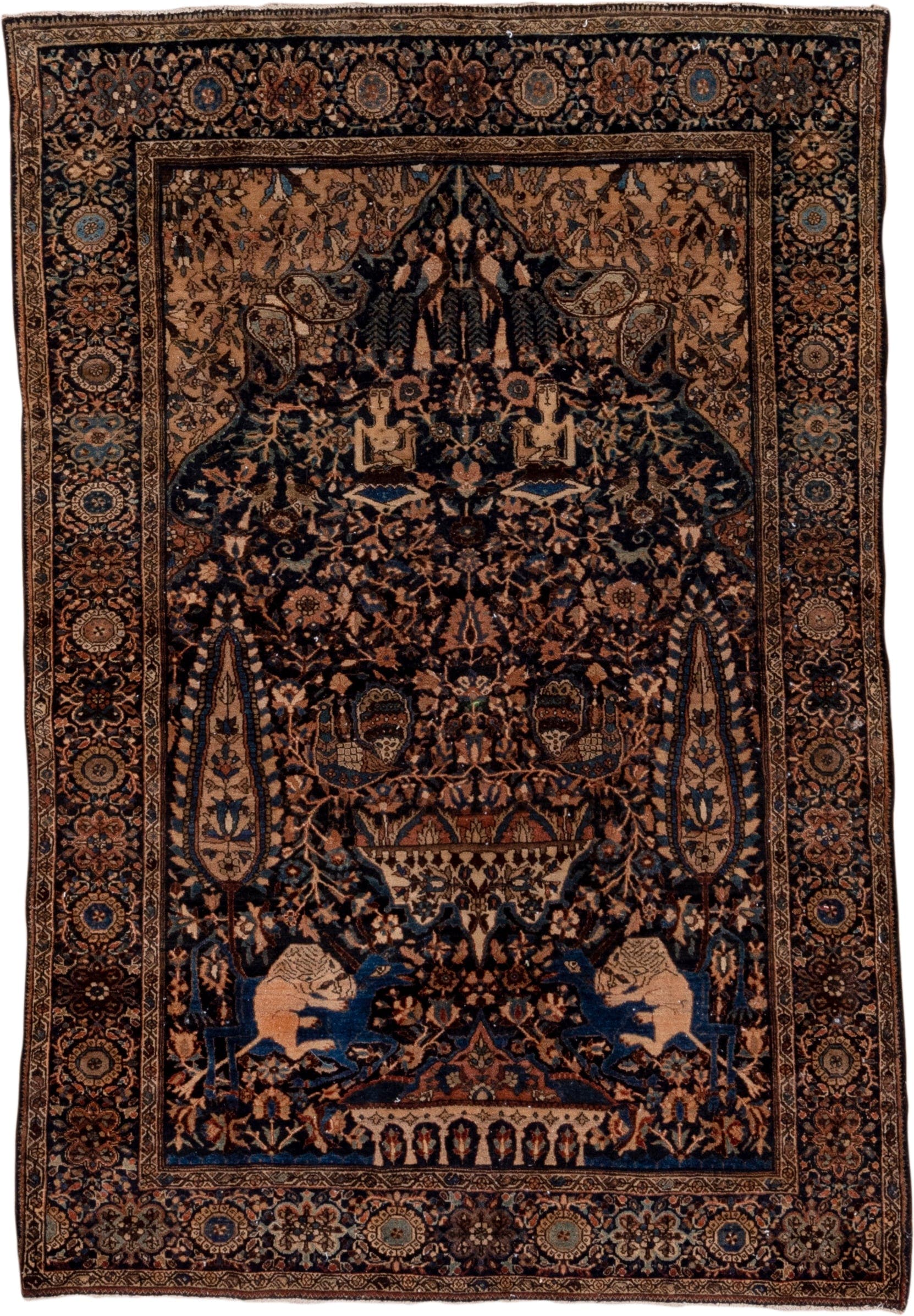 10' x 14' one-of-a-kind handmade vintage Kilim large size rug. Color palette: navy, camel, ivory, slate blue, taupe, brown