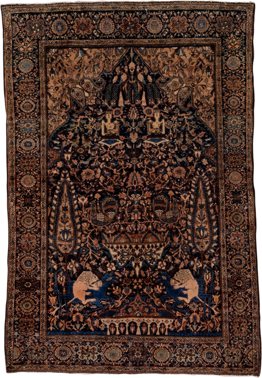 10' x 14' one-of-a-kind handmade vintage Kilim large size rug. Color palette: navy, camel, ivory, slate blue, taupe, brown