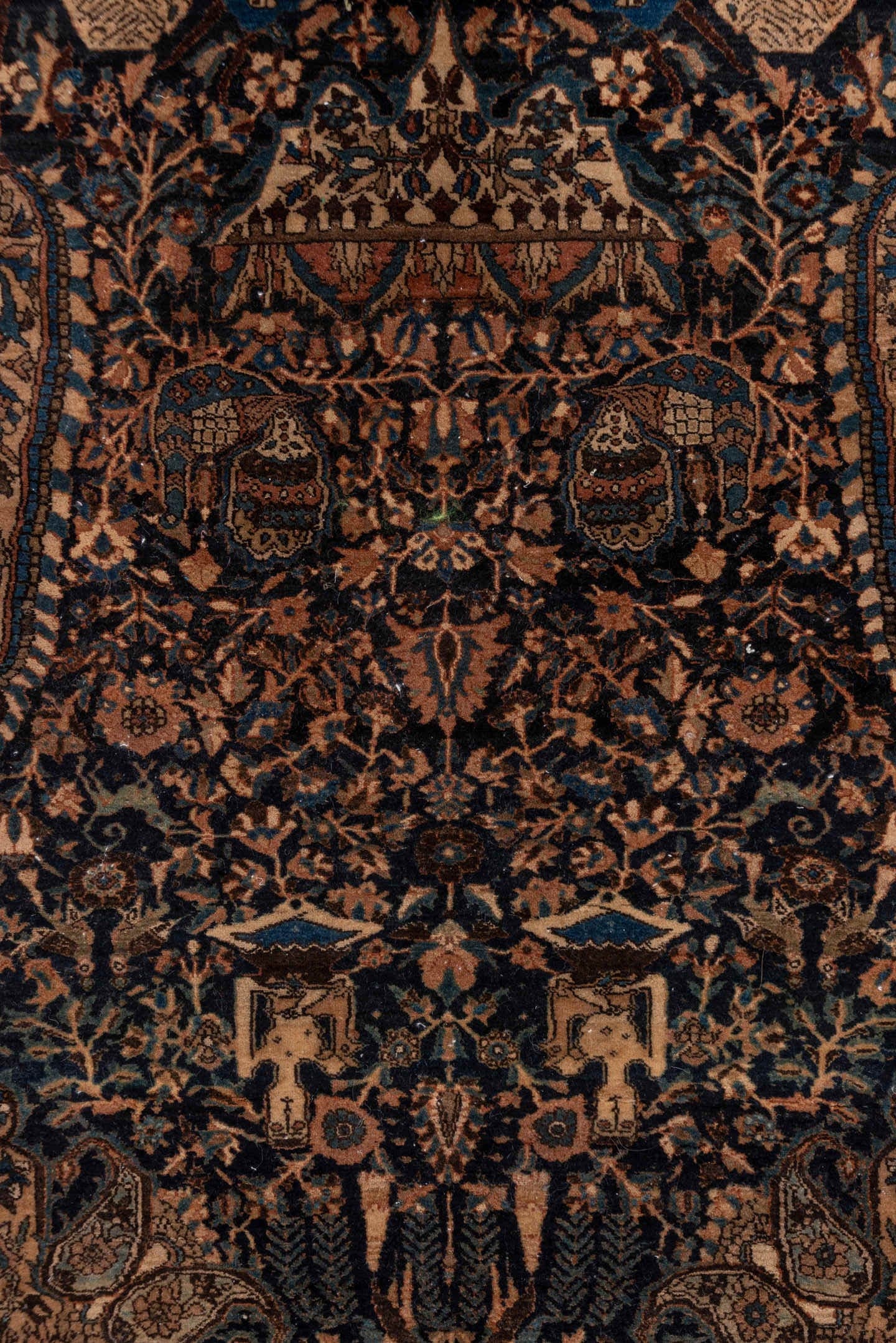 10' x 14' one-of-a-kind handmade vintage Kilim large size rug. Color palette: navy, camel, ivory, slate blue, taupe, brown