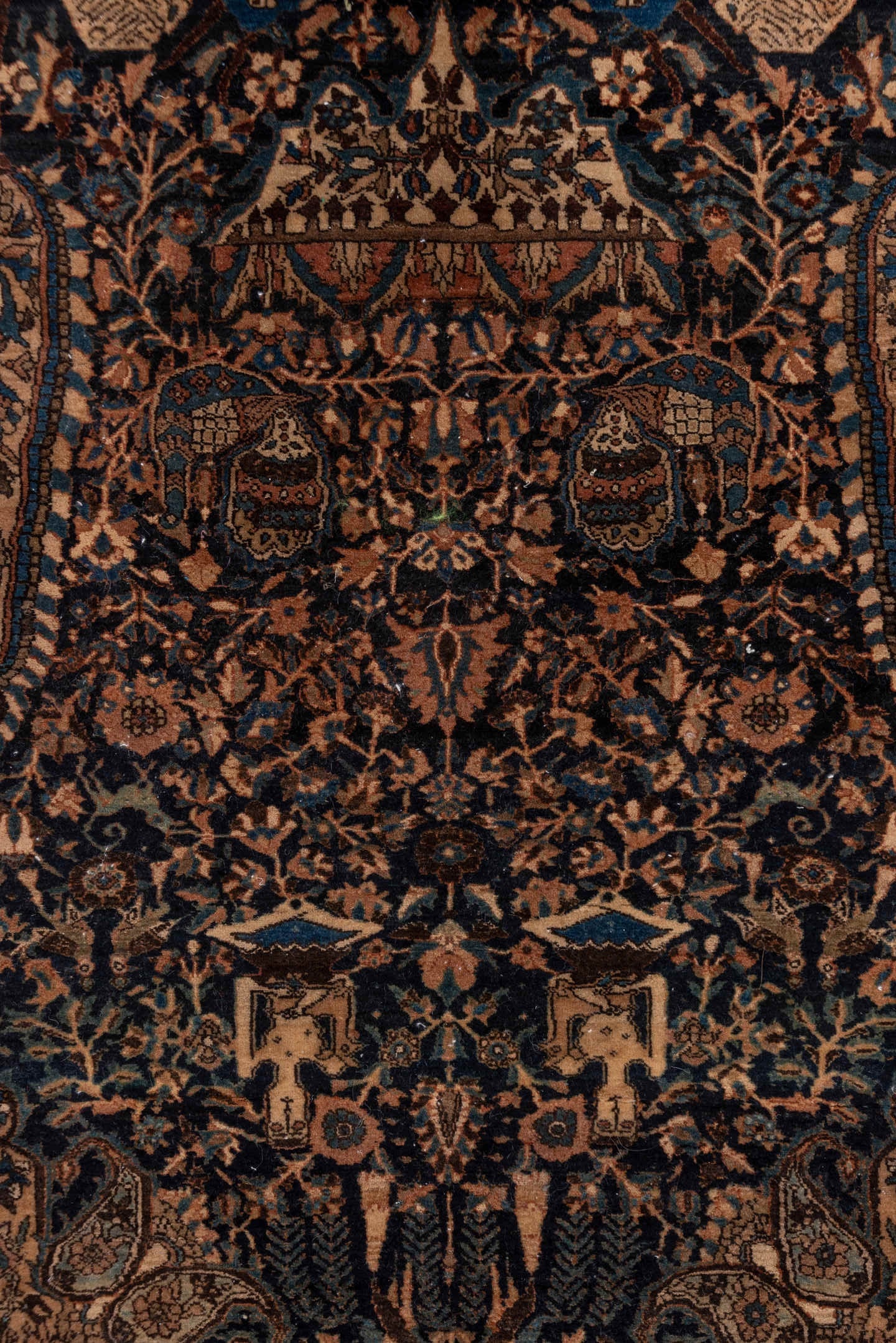 10' x 14' one-of-a-kind handmade vintage Kilim large size rug. Color palette: navy, camel, ivory, slate blue, taupe, brown