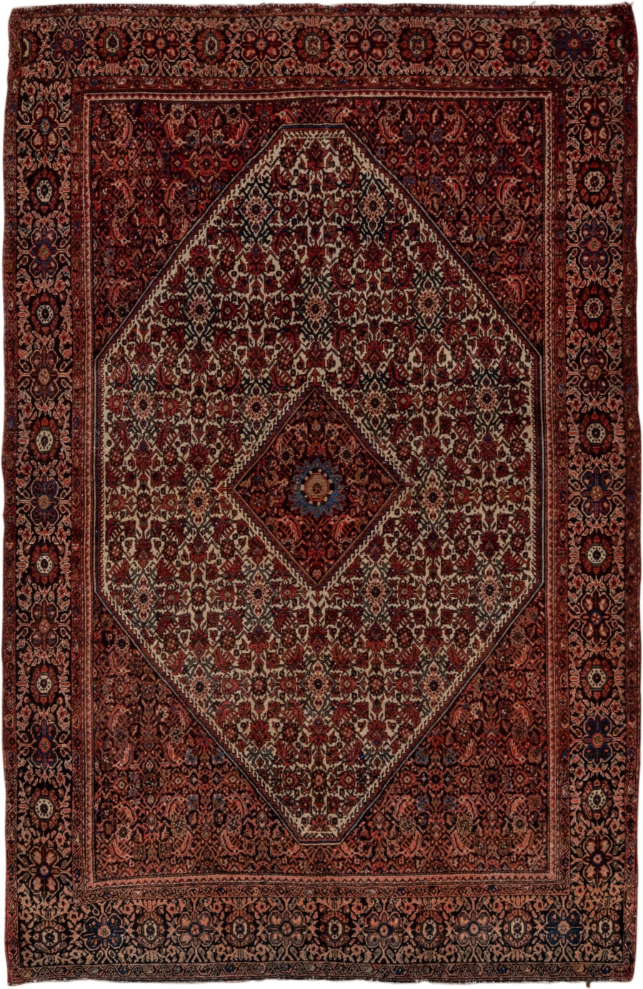 8' x 9' one-of-a-kind handmade vintage Tulu large size rug. Color palette: rust, ivory, navy, terracotta, charcoal, camel