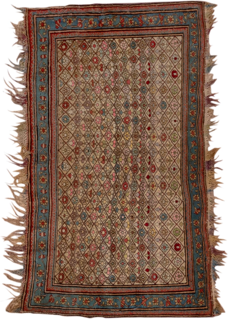 10' x 13' one-of-a-kind handmade vintage Afghan large size rug. Color palette: ivory, muted blue, rust, rose, taupe, camel