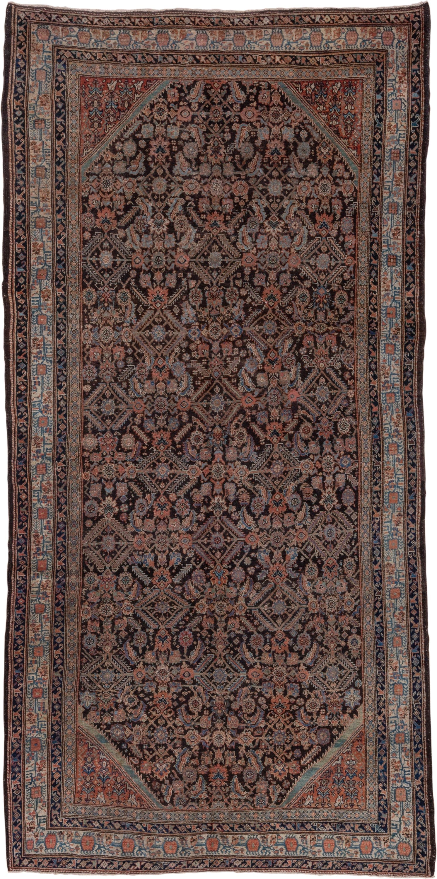 3' x 12' one-of-a-kind handmade vintage Tulu runner rug. Color palette: deep brown, terracotta, ivory, muted blue, navy