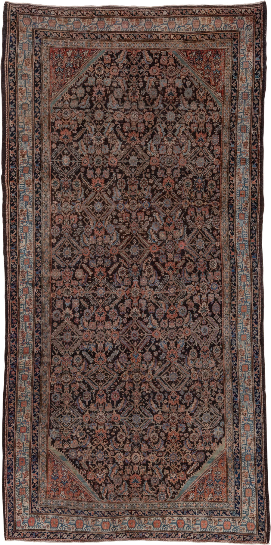 3' x 12' one-of-a-kind handmade vintage Tulu runner rug. Color palette: deep brown, terracotta, ivory, muted blue, navy