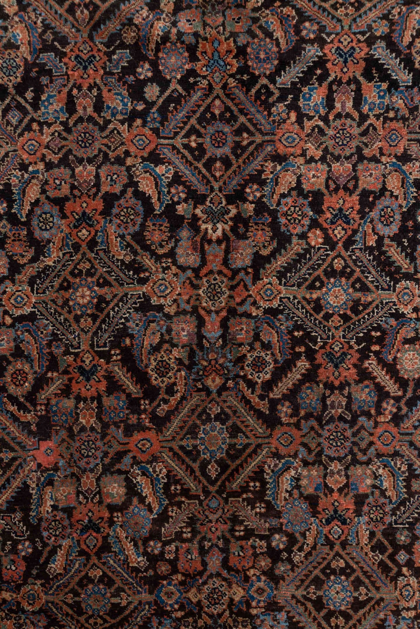 3' x 12' one-of-a-kind handmade vintage Tulu runner rug. Color palette: deep brown, terracotta, ivory, muted blue, navy