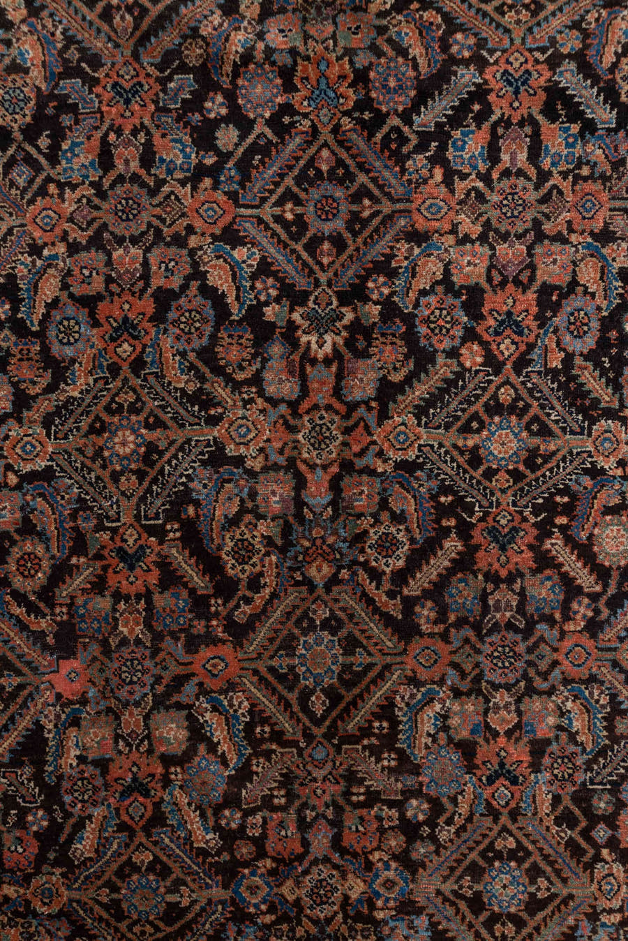 3' x 12' one-of-a-kind handmade vintage Tulu runner rug. Color palette: deep brown, terracotta, ivory, muted blue, navy