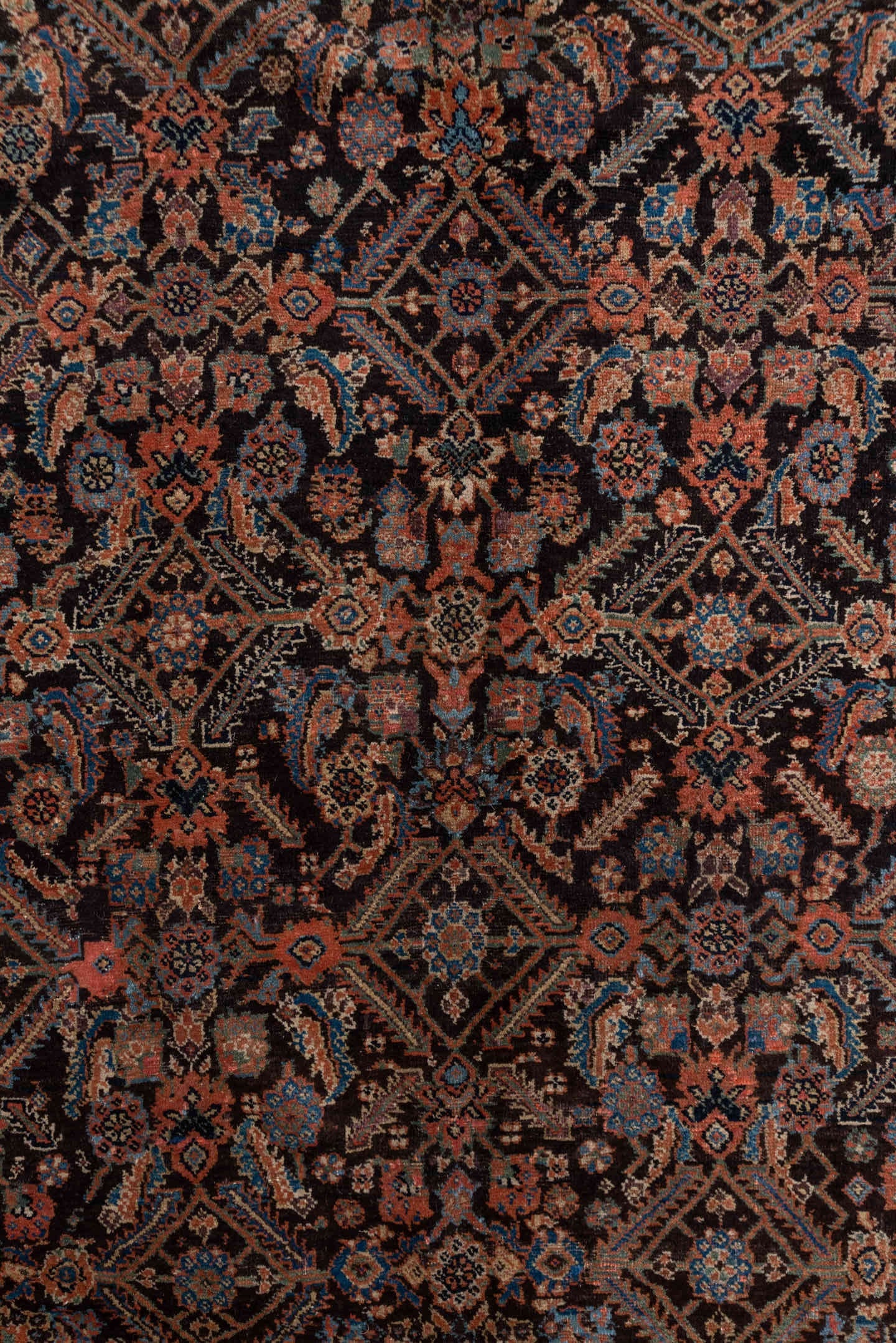 3' x 12' one-of-a-kind handmade vintage Tulu runner rug. Color palette: deep brown, terracotta, ivory, muted blue, navy