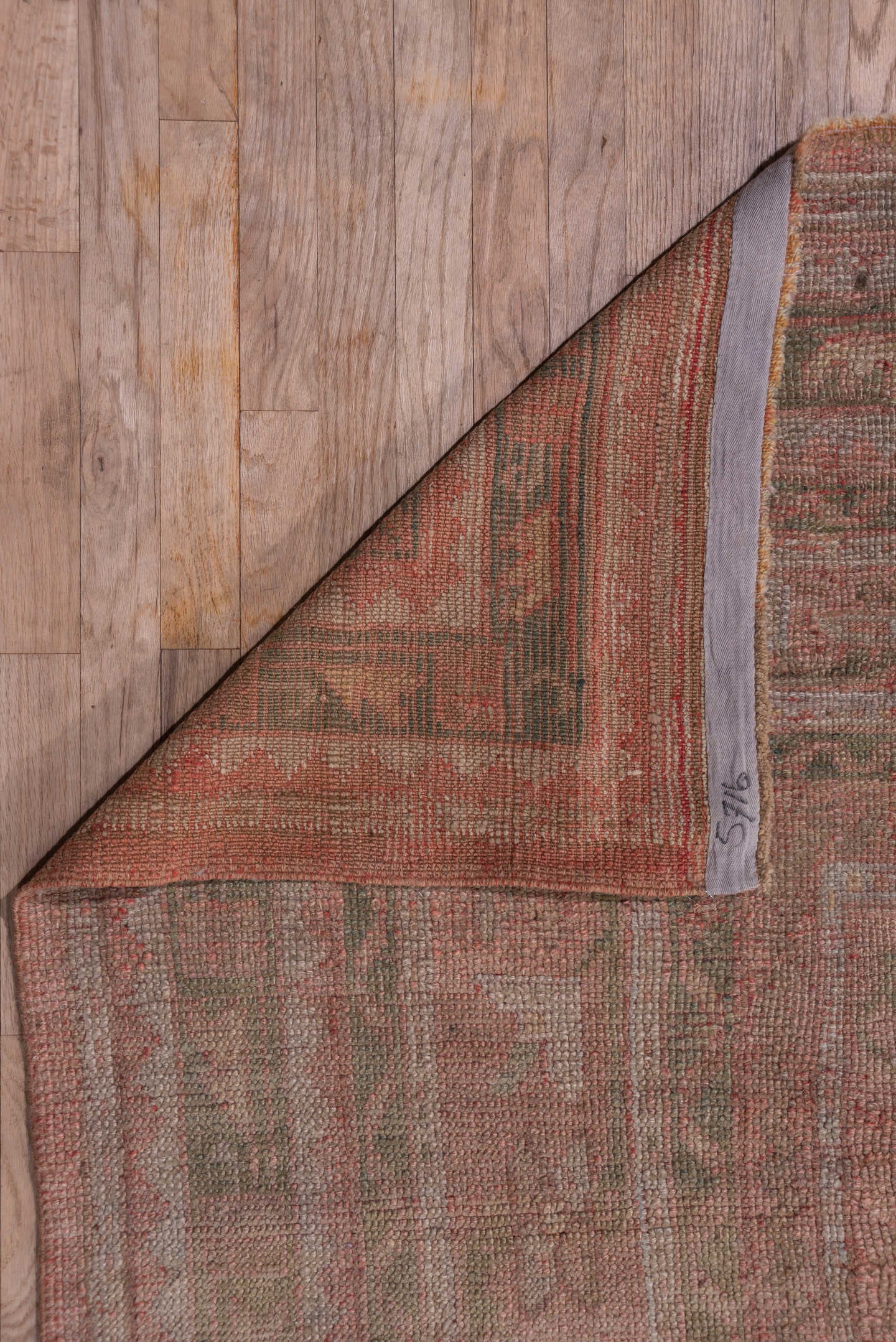 3' x 14' one-of-a-kind handmade vintage Tulu runner rug. Color palette: rose, taupe, dusty pink, camel, ivory, sage, brown