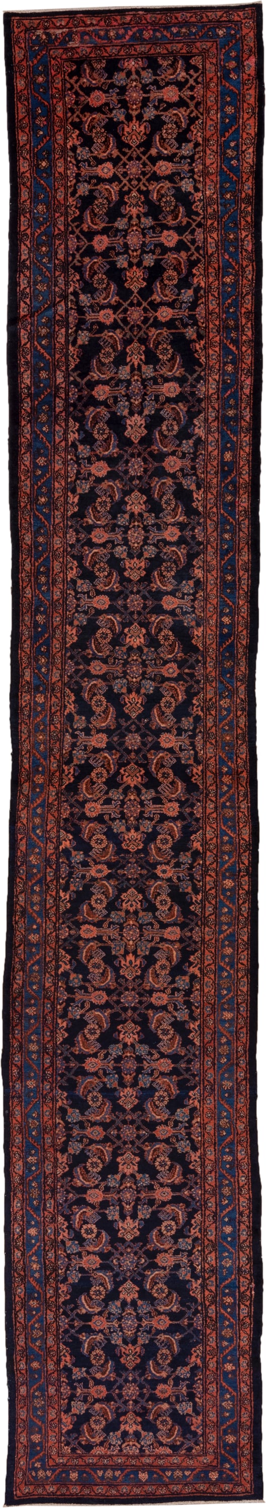 9' x 11' one-of-a-kind handmade vintage Afghan large size rug. Color palette: navy, rust, terra cotta, indigo, camel, blue