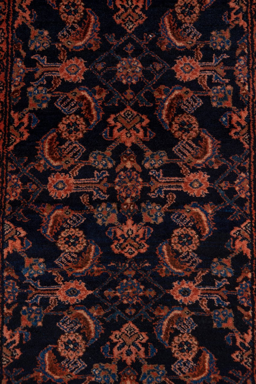 9' x 11' one-of-a-kind handmade vintage Afghan large size rug. Color palette: navy, rust, terra cotta, indigo, camel, blue