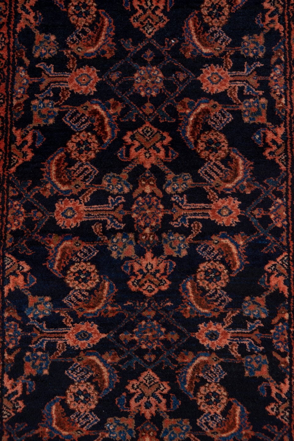 9' x 11' one-of-a-kind handmade vintage Afghan large size rug. Color palette: navy, rust, terra cotta, indigo, camel, blue
