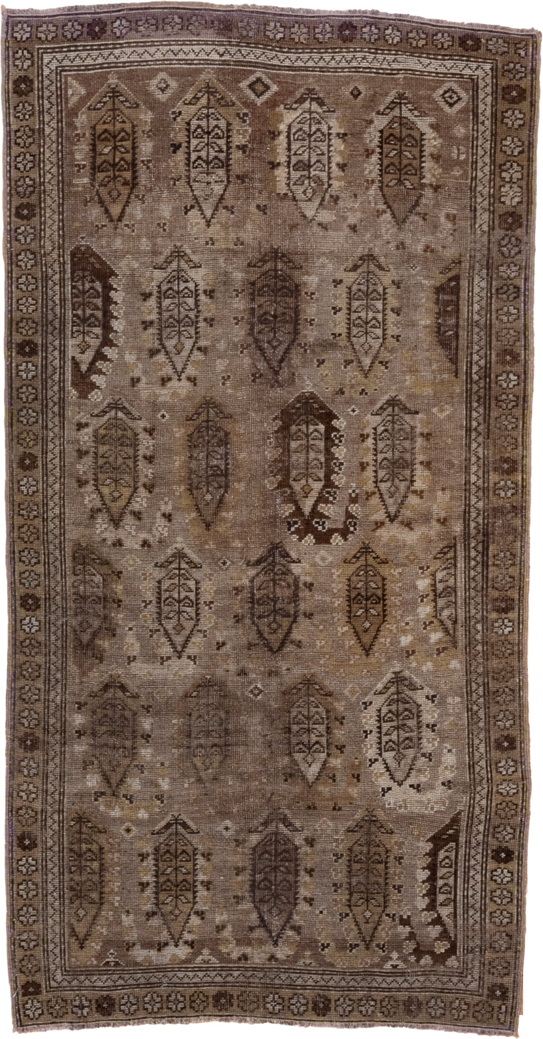 14' x 18' one-of-a-kind handmade vintage Tulu oversize rug. Color palette: taupe, camel, brown, ivory, charcoal, beige, gray