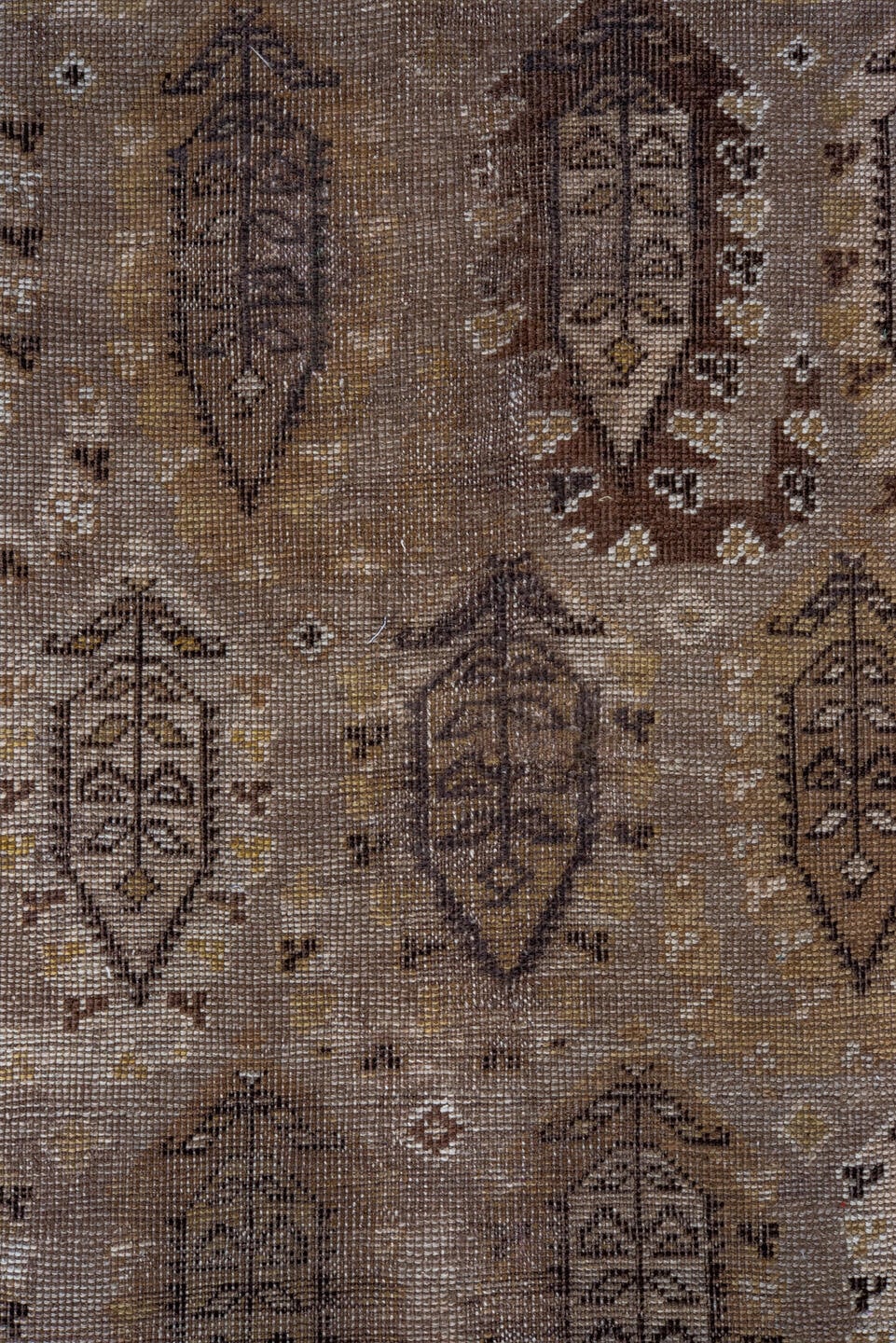 14' x 18' one-of-a-kind handmade vintage Tulu oversize rug. Color palette: taupe, camel, brown, ivory, charcoal, beige, gray
