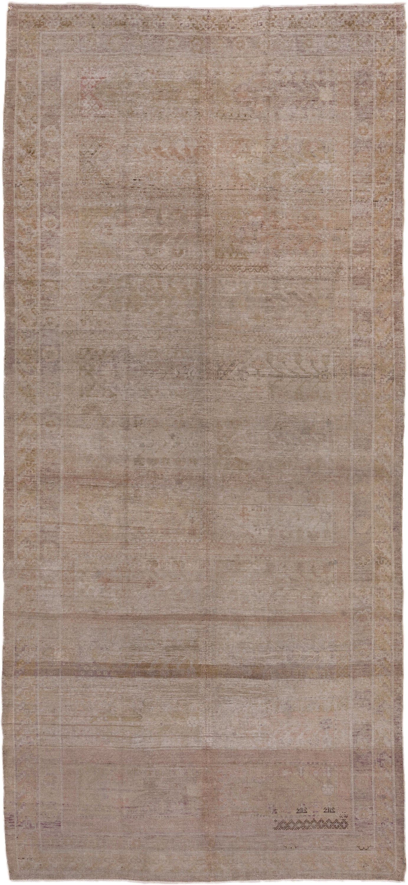12' x 14' one-of-a-kind handmade vintage Kilim oversize rug. Color palette: taupe, blush, ivory, beige, sand, rose, camel