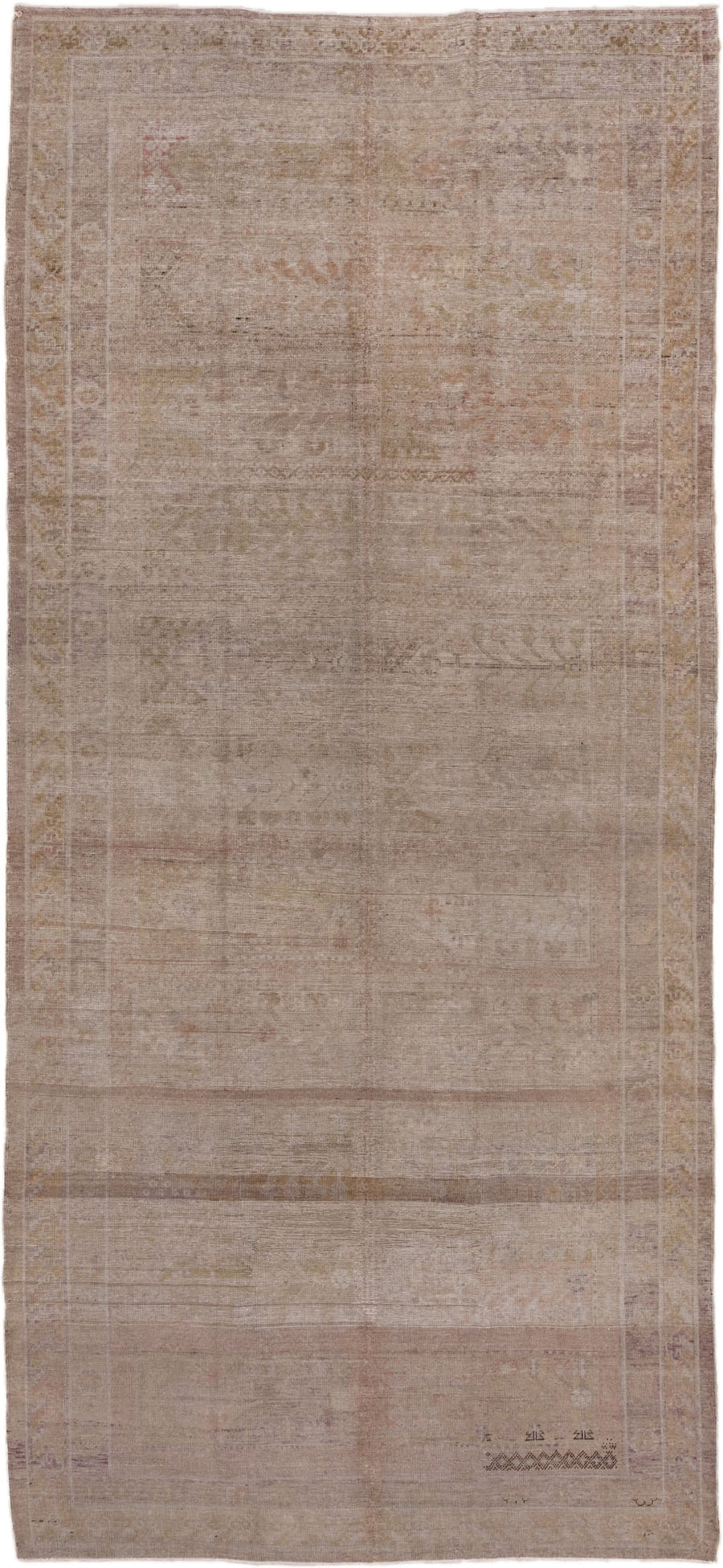 12' x 14' one-of-a-kind handmade vintage Kilim oversize rug. Color palette: taupe, blush, ivory, beige, sand, rose, camel