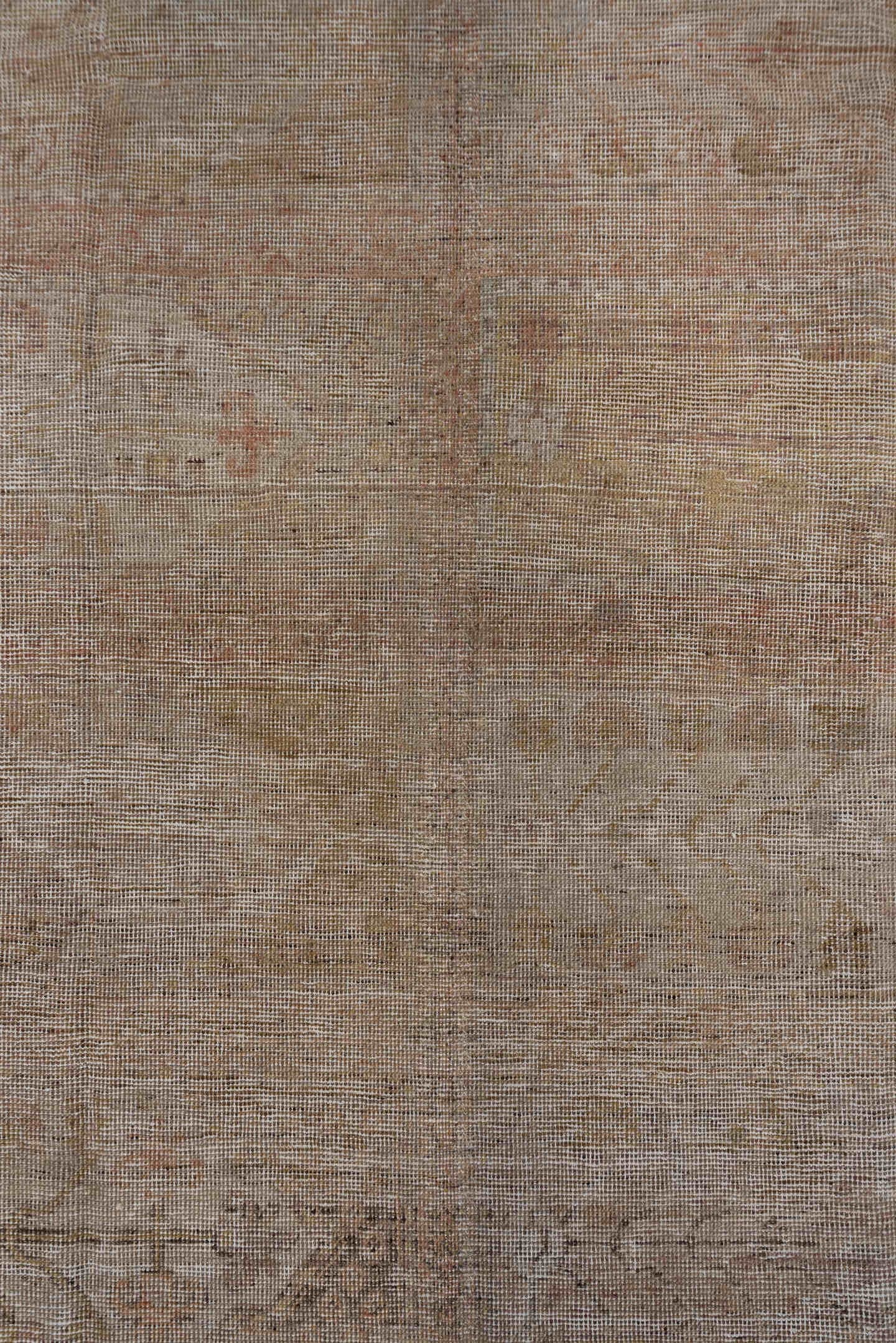 12' x 14' one-of-a-kind handmade vintage Kilim oversize rug. Color palette: taupe, blush, ivory, beige, sand, rose, camel