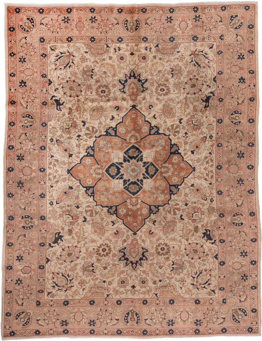 8' x 17' one-of-a-kind handmade vintage Afghan rug. Color palette: ivory, terra cotta, navy, blush, taupe, camel, brown