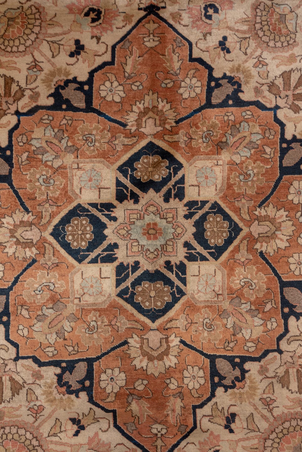8' x 17' one-of-a-kind handmade vintage Afghan rug. Color palette: ivory, terra cotta, navy, blush, taupe, camel, brown