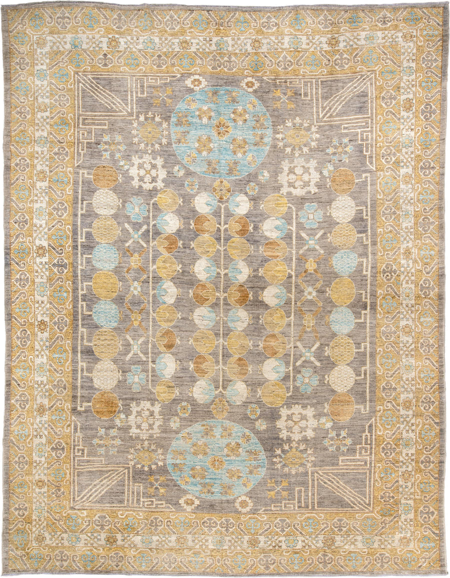 12' x 15' one-of-a-kind handmade vintage Oushak oversize rug. Color palette: taupe, camel, ivory, gold, turquoise, slate