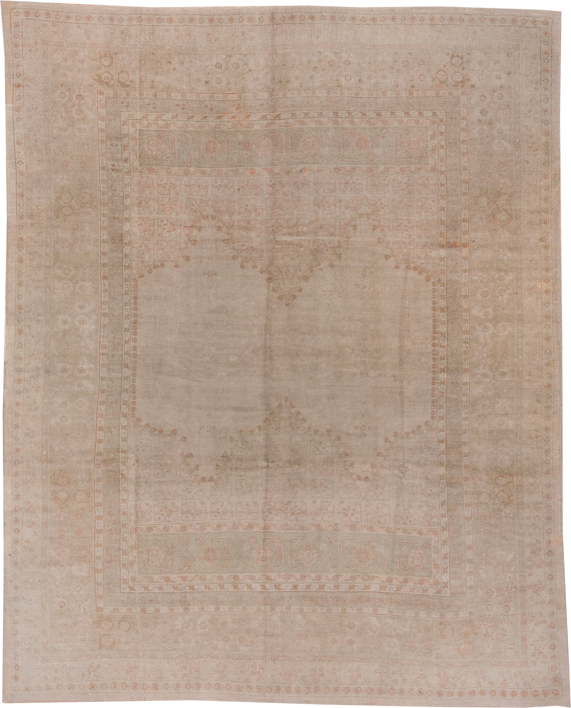 12' x 15' one-of-a-kind handmade vintage Kilim oversize rug. Color palette: ivory, blush, taupe, sand, pale rose, beige