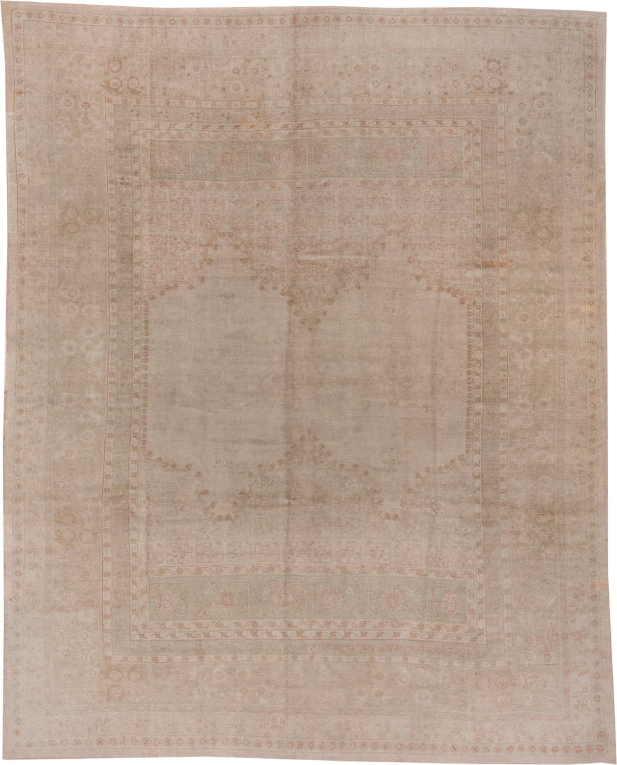 12' x 15' one-of-a-kind handmade vintage Kilim oversize rug. Color palette: ivory, blush, taupe, sand, pale rose, beige