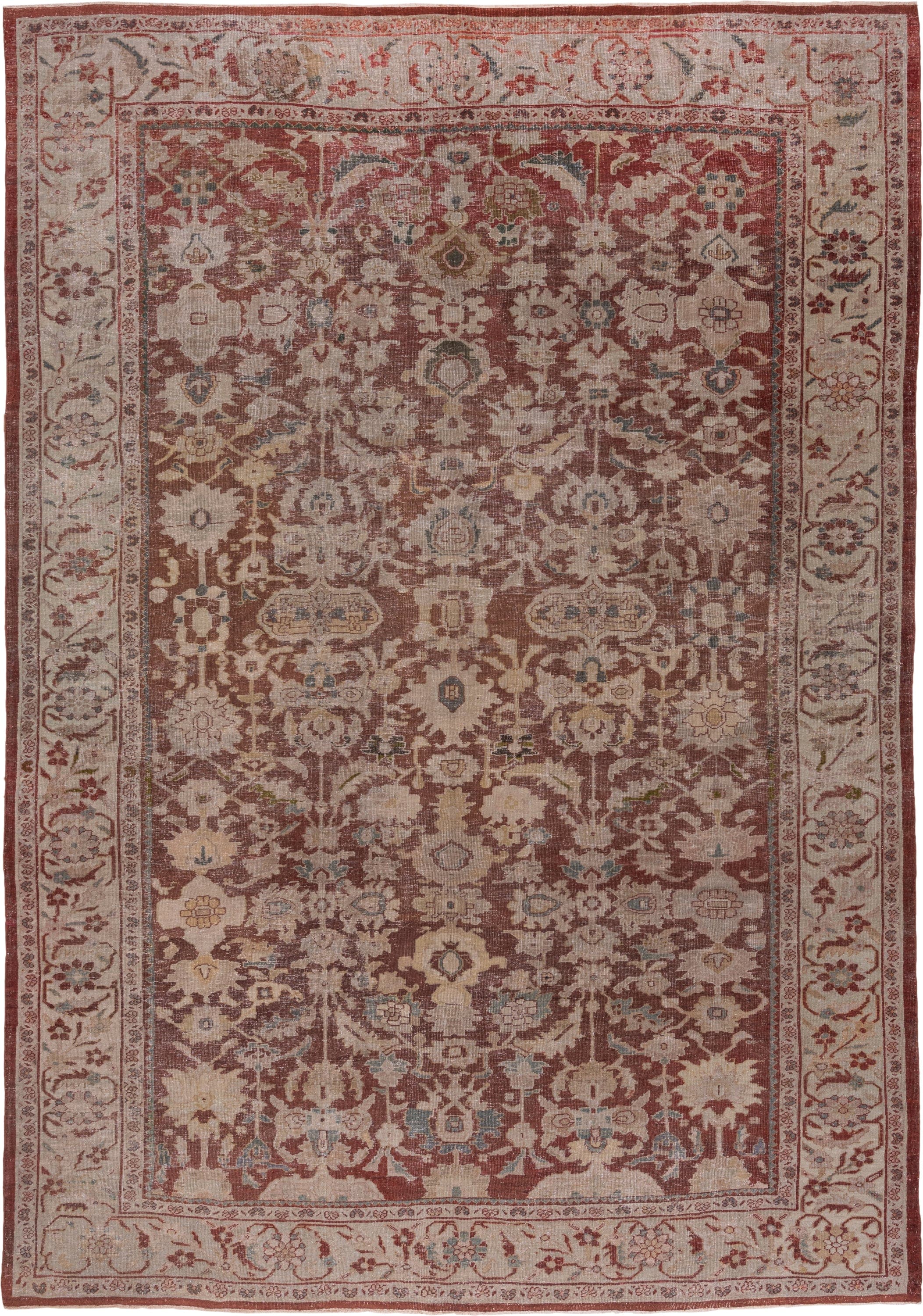 12' x 16' one-of-a-kind handmade vintage Tulu oversize rug. Color palette: terracotta, ivory, rose, taupe, sage, blue gray