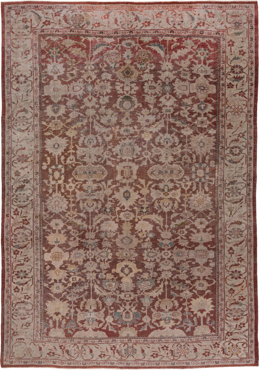 12' x 16' one-of-a-kind handmade vintage Tulu oversize rug. Color palette: terracotta, ivory, rose, taupe, sage, blue gray