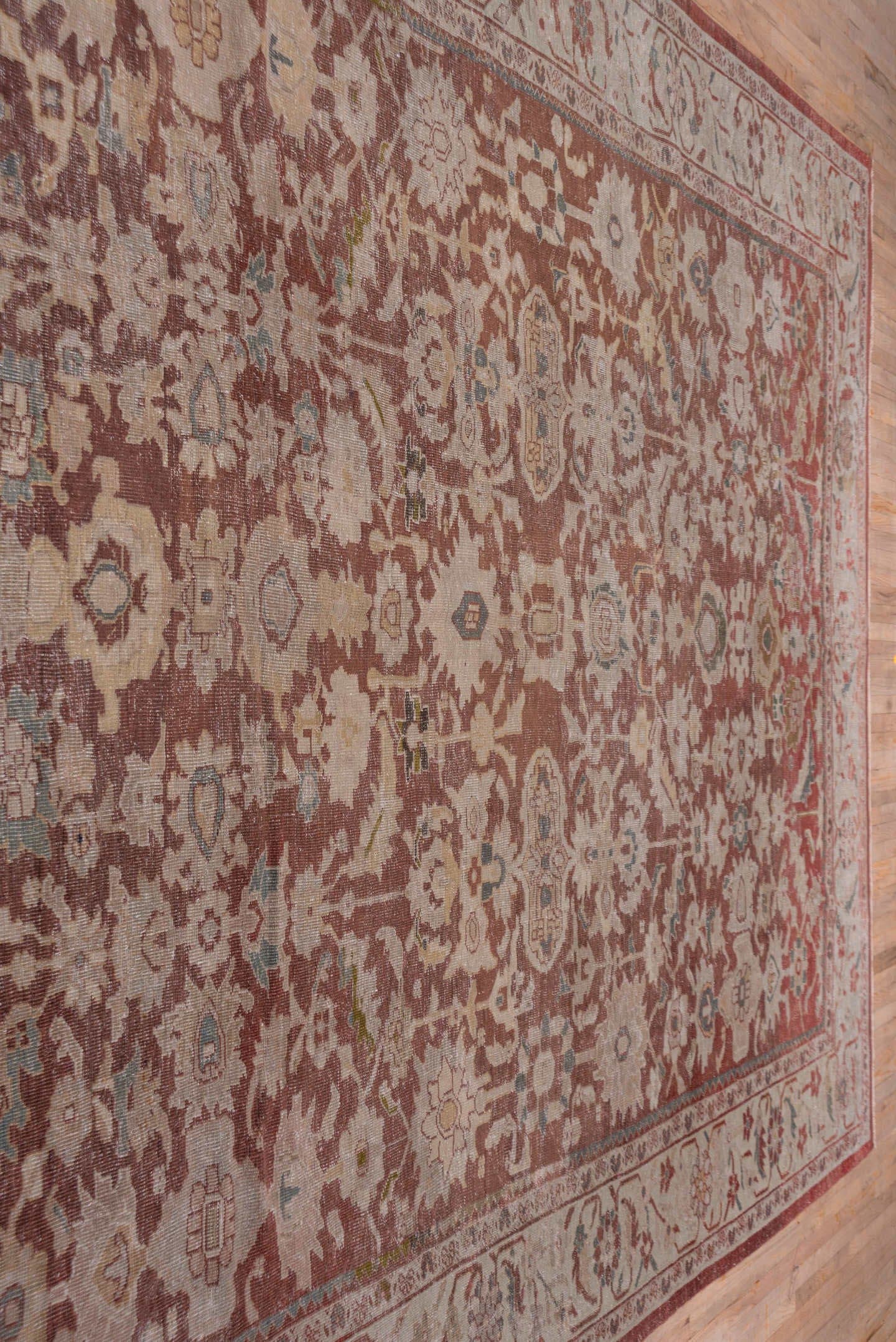 12' x 16' one-of-a-kind handmade vintage Tulu oversize rug. Color palette: terracotta, ivory, rose, taupe, sage, blue gray