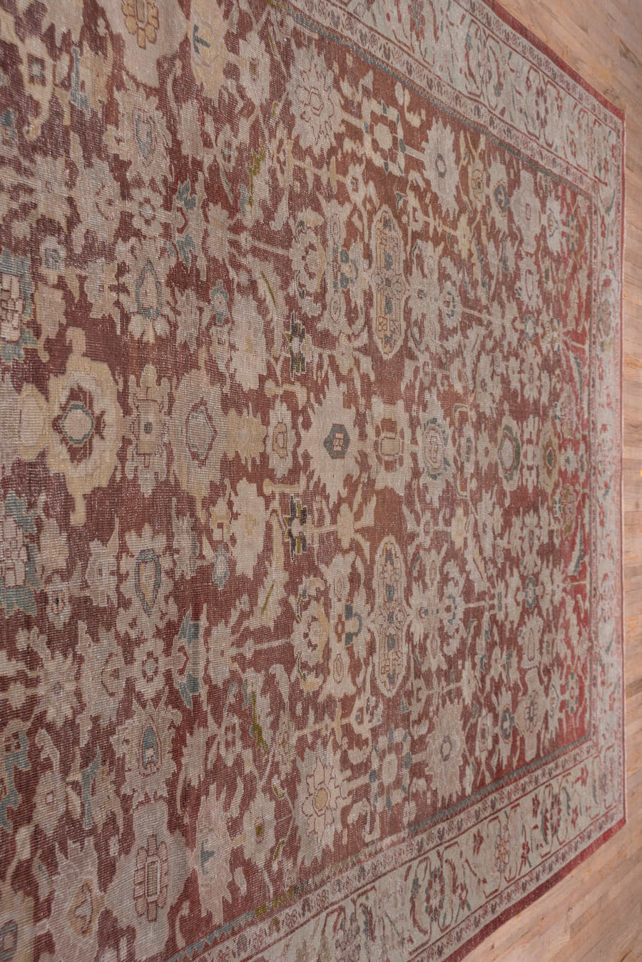 12' x 16' one-of-a-kind handmade vintage Tulu oversize rug. Color palette: terracotta, ivory, rose, taupe, sage, blue gray
