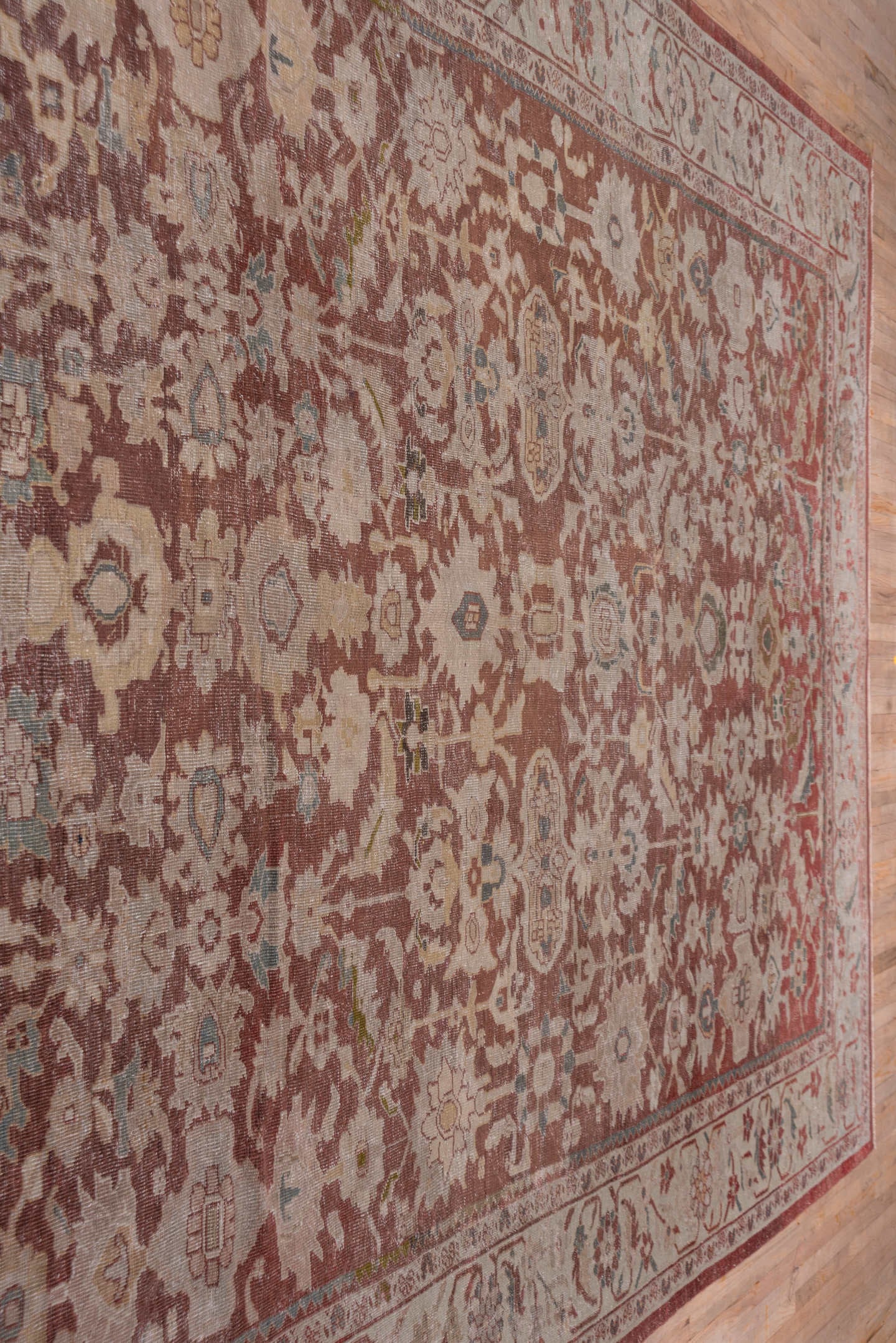 12' x 16' one-of-a-kind handmade vintage Tulu oversize rug. Color palette: terracotta, ivory, rose, taupe, sage, blue gray