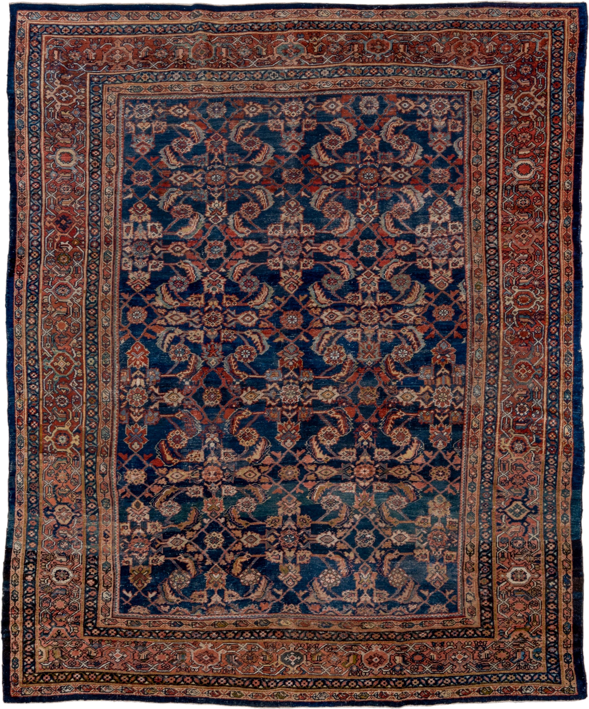 14' x 17' one-of-a-kind handmade vintage Tulu oversize rug. Color palette: navy, terracotta, ivory, rust, camel, slate