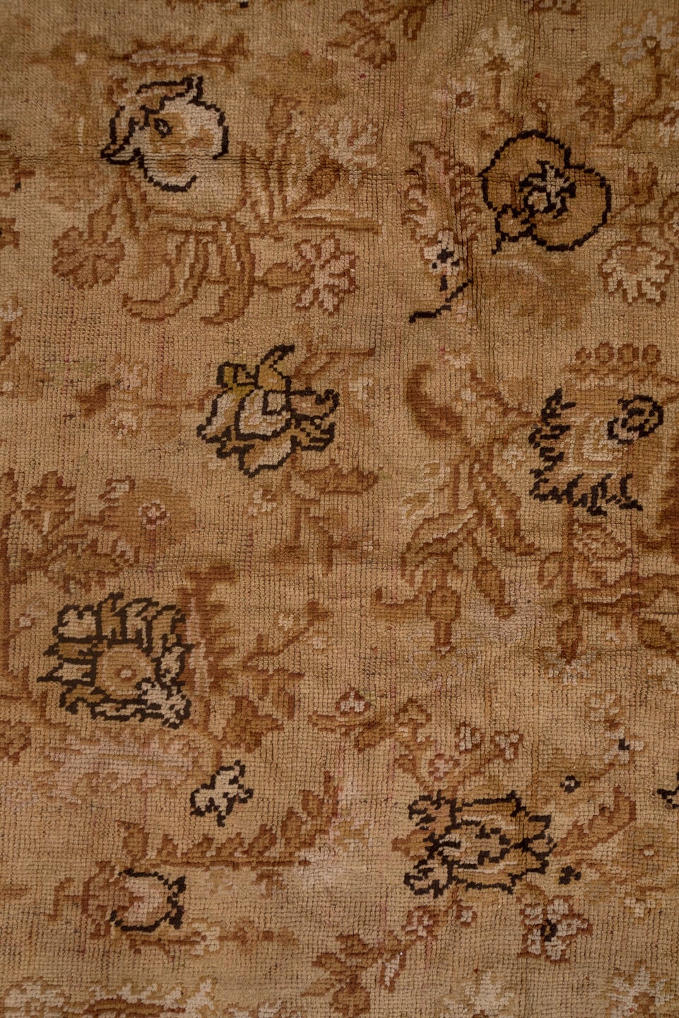 4' x 12' one-of-a-kind handmade vintage Tulu runner rug. Color palette: camel, taupe, ivory, sienna, brown, sand, beige