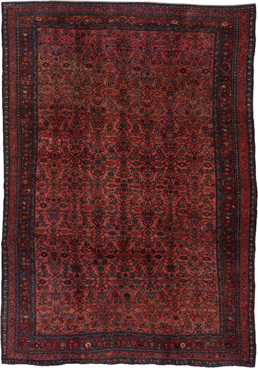 13' x 17' one-of-a-kind handmade vintage Oushak oversize rug. Color palette: terracotta, navy, rust, burgundy, ivory, slate